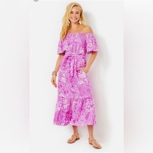 Lilly Pulitzer Isbell Off the Shoulder Midi Linen Dress in Wild Fuchsia